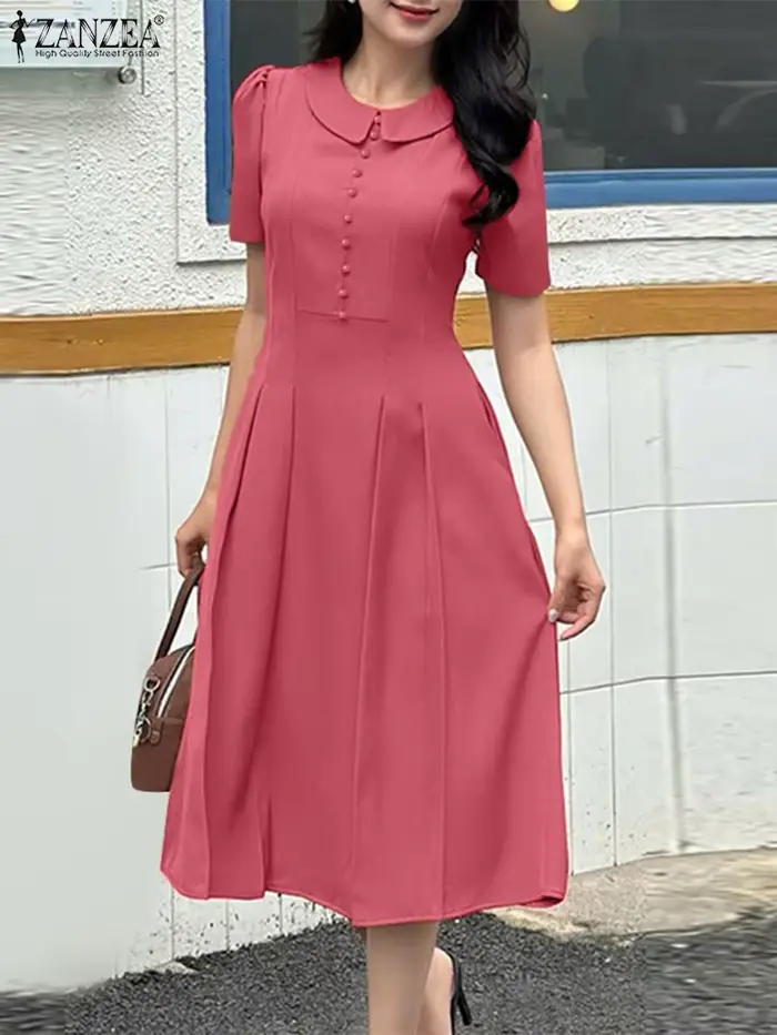 Robe d'été ZANZEA élégante à manches courtes pour femmes occasions spéciales polyester mi-mollet style bureau femme