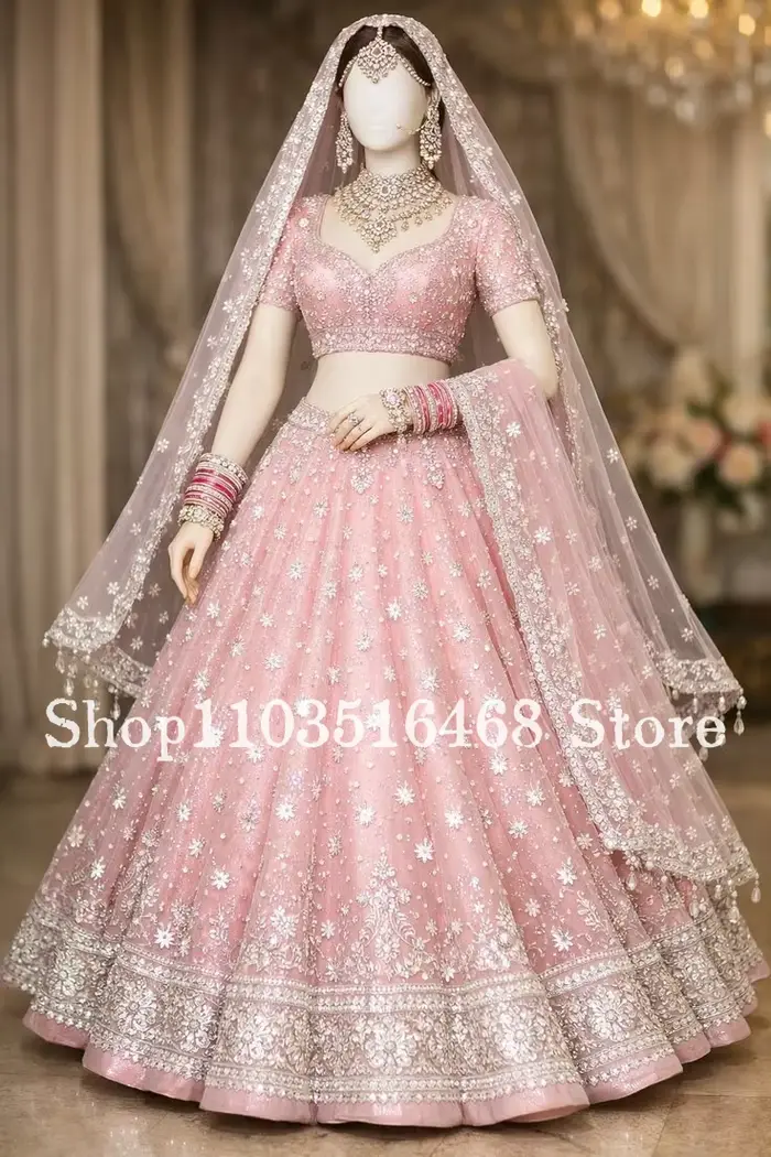 Robe de mariée indienne Lehenga Choli Dupatta rose poudré argenté, richement perlée, sur mesure, tra