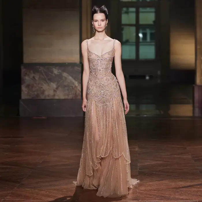 Robe de soirée sirène Sharon Said Champagne, luxueuse, ornée de perles, élégante, pour mariage saoud