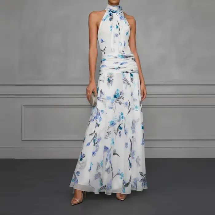 Robe d'été décontractée style bohème imprimé floral plissée sans manches col halter taille haute pour femmes occasions spéciales