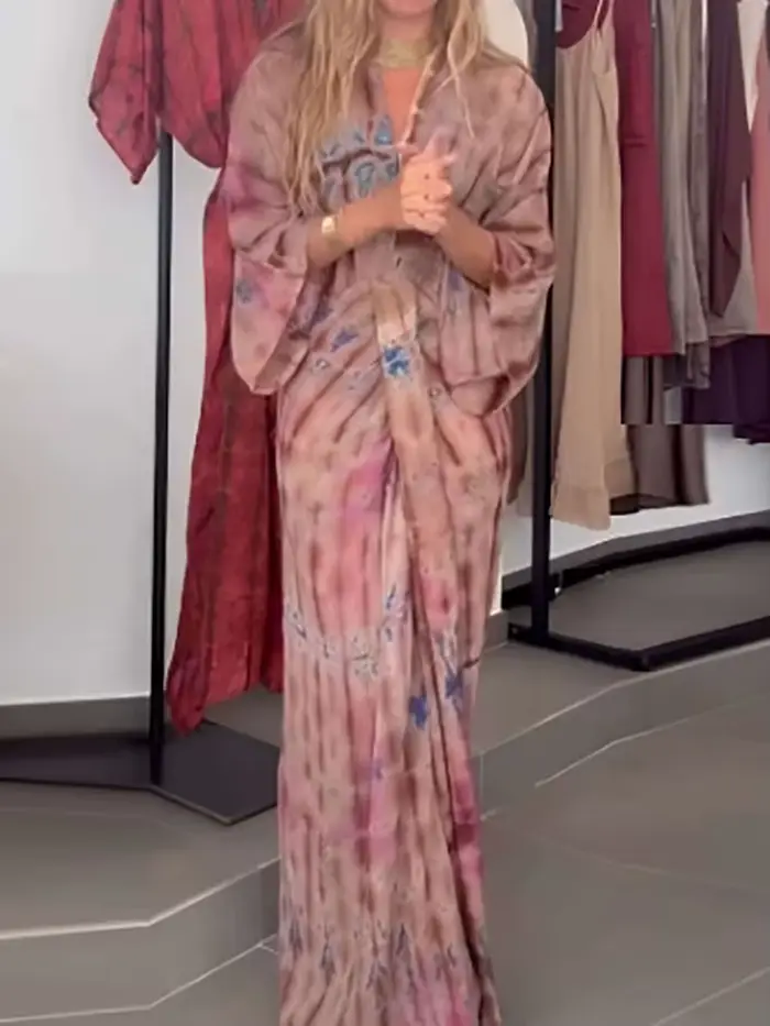 Manches chauve-souris plissées décontracté femmes robe longue Vintage imprimé col en v