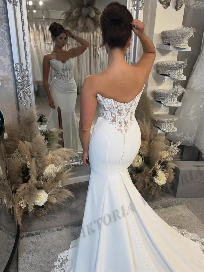 Robe de mariée Viktoria en polyester avec fente et col en V pour femmes, style sirène, personnalisable pour mariage et cérémonies spéciales