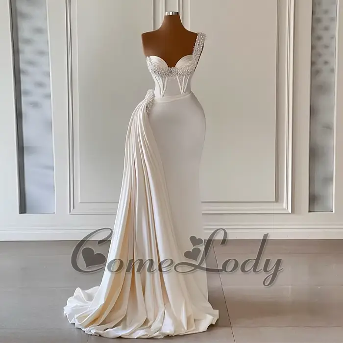 Comelody-Robes de soirée glamour pour mariages, gaine en satin plissé perlé, robe éducative personna