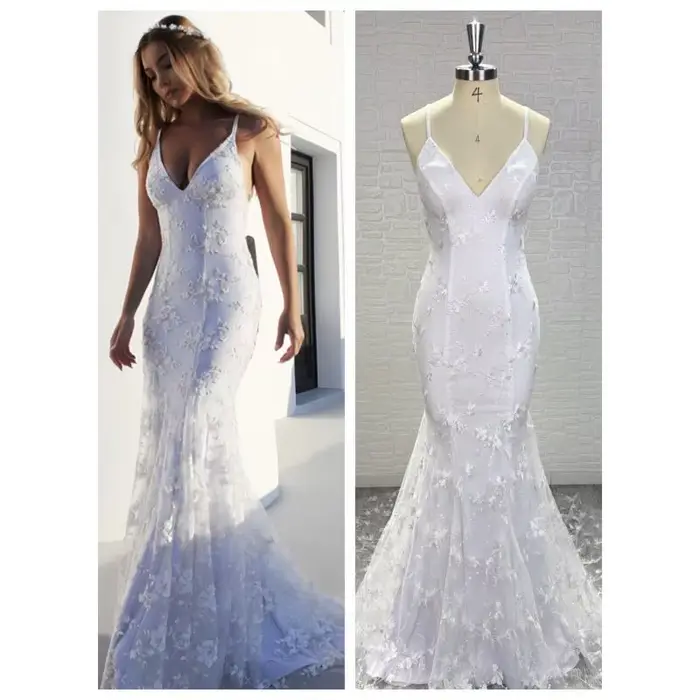 Bretelles élégantes robes de mariée sirène dentelle perles dos nu croisé col en V