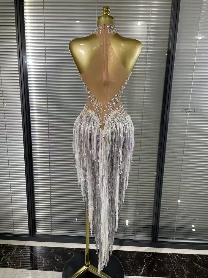 Robe sexy sans manches pour femmes, épaules dénudées, paillettes brillantes, perles, mi-mollet, polyester et élasthanne, pour occasions spéciales et photos d'anniversaire