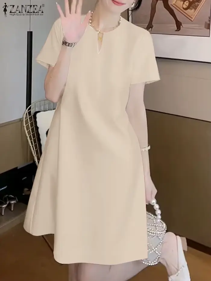 Robe en polyester ZANZEA élégante col en V à manches courtes pour femmes, occasions spéciales et quotidienne