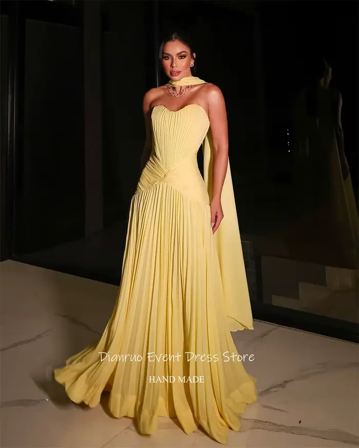 Dianruo rubans jaunes robes De soirée une ligne plissée robe formelle en mousseline De soie chérie