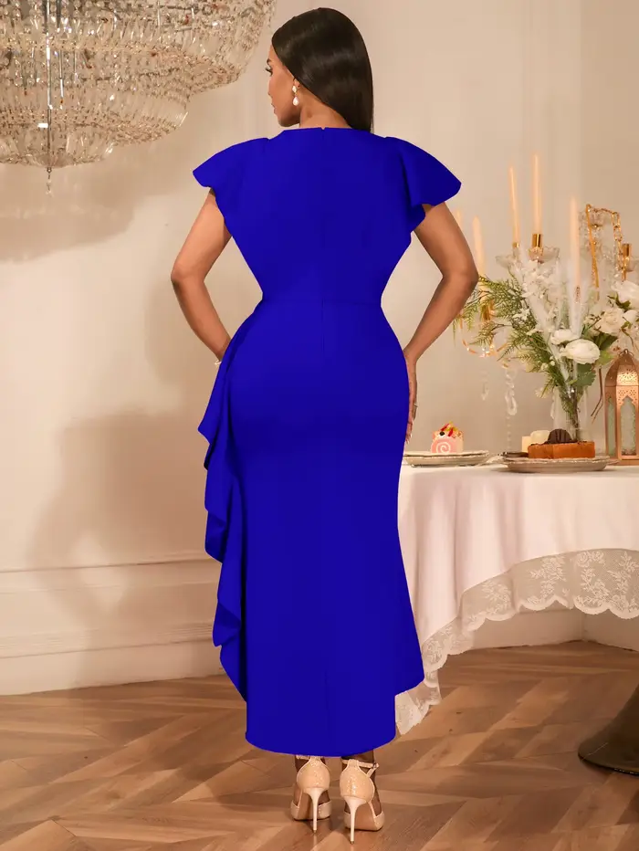 Robes de soirée de mariage d'invité de luxe femmes élégantes col en V manches courtes à volants fente irrégulière