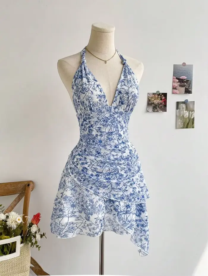 Robe d'été en maille bleue à fleurs pour femmes style sexy décontractée élégante occasion spéciale soirée été