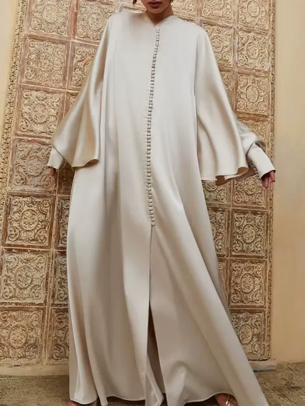 Robe de soirée fendue pour femmes musulmanes, couleur unie, col rond, manches longues chauve-souris,