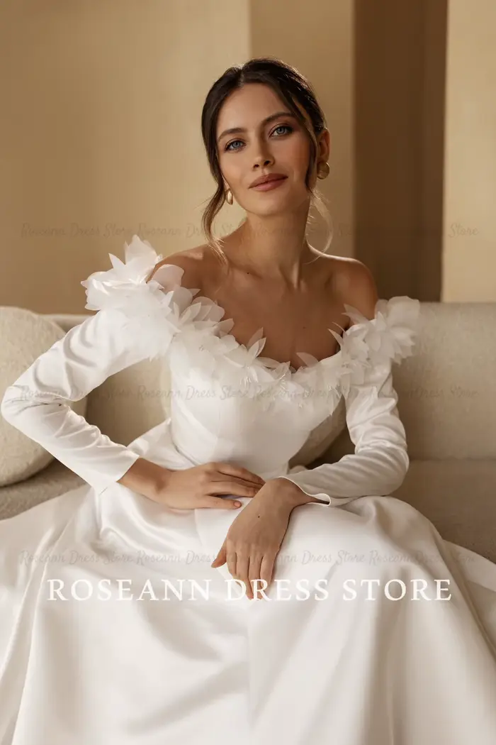 Robe de mariée Roseann élégante à épaules dénudées, robes florales 3D polyester avec train de balayage, coupe trapèze, pour femmes occasions spéciales