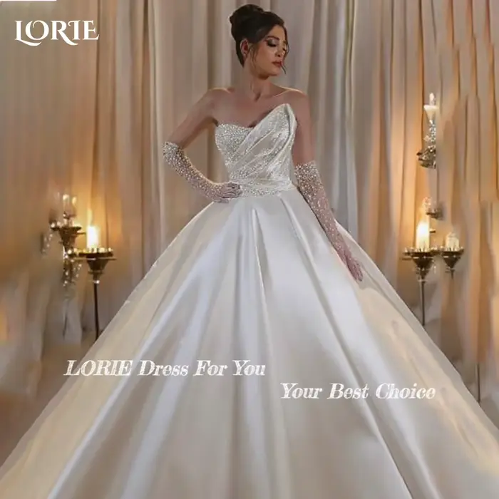 LORIE Vintage brillant robes de mariée froncé col en V sans bretelles sans Golve a-ligne robe
