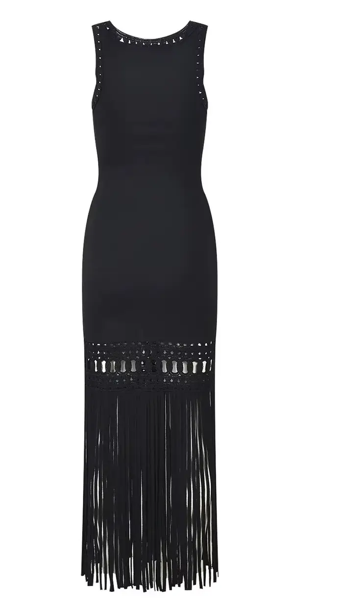 Robe tricotée à franges noires, sans manches, Slim, Simple, longue, robe de soirée élégante pour fem