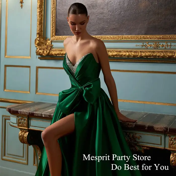 Robe de bal verte Sexy col en V perles pli arc une ligne Satin robes de soirée balayage Train dos nu