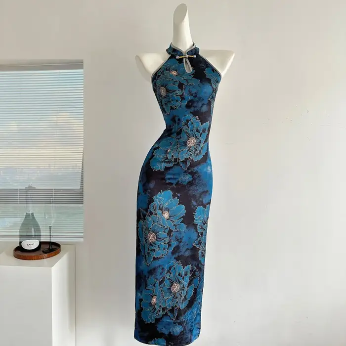 Robe fendue Cheongsam en Satin Jacquard élégante rétro style chinois sans manches pour femmes occassions spéciales polyester polyvalent