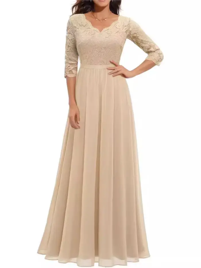 Robe ample femme élégante polyester col en V dentelle trois quarts bureau dame printemps été occasions spéciales soirée
