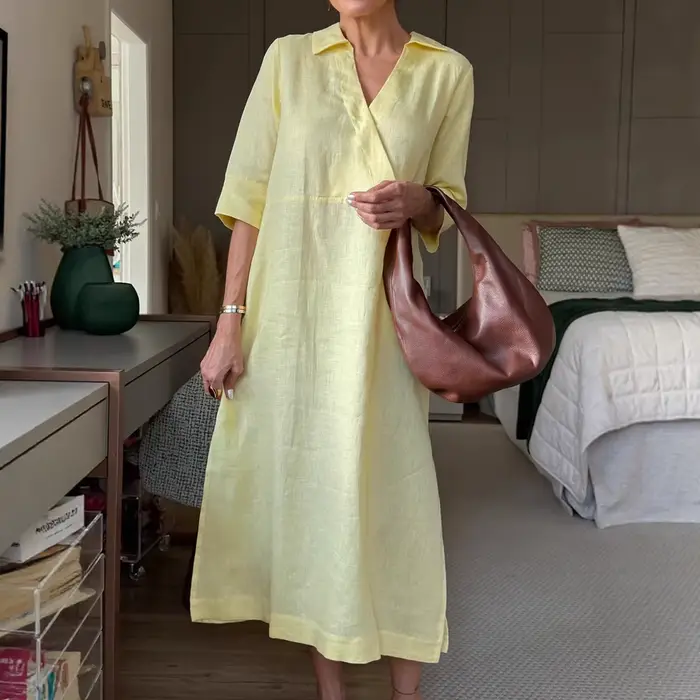 Robe longue à manches courtes en coton tricoté style rétro pour femmes occasions spéciales été automne