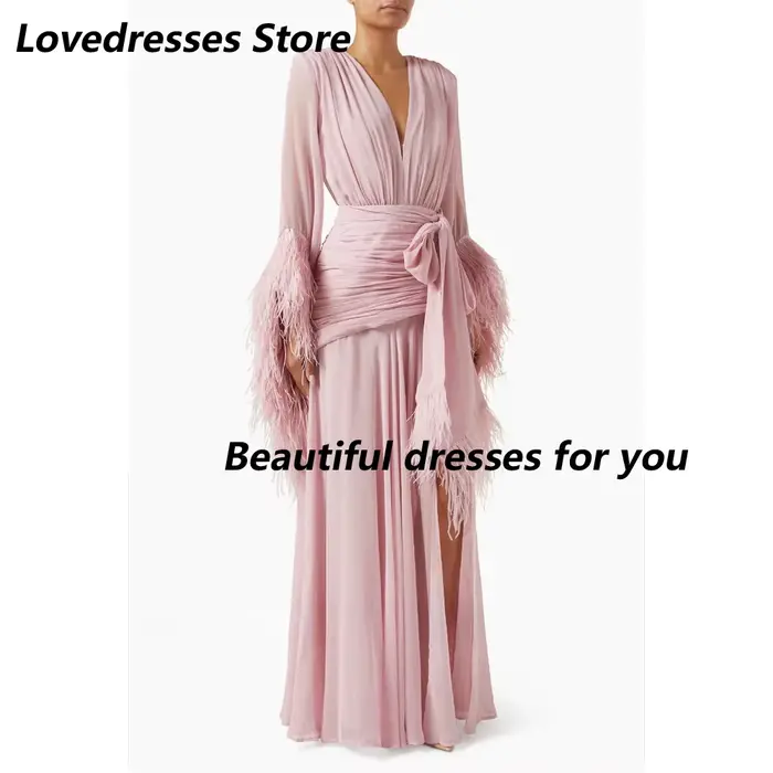 Robe de soirée rose personnalisée, col en V, manches longues, en mousseline de soie à plumes, robes 