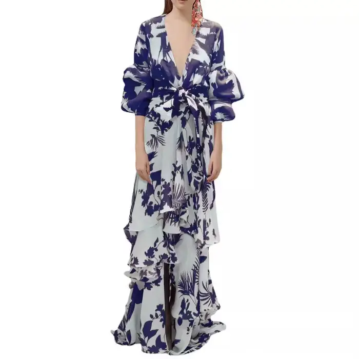 Robe longue bohème irrégulière en mousseline de soie à imprimé mode européenne et américaine