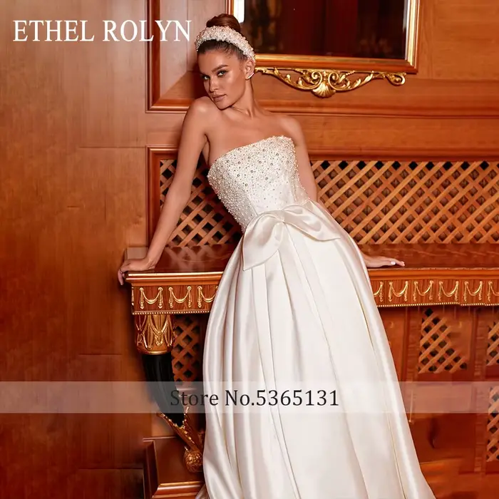 ETHEL ROLYN robe de mariée trapèze luxueuse perles de cristal sans bretelles Satin