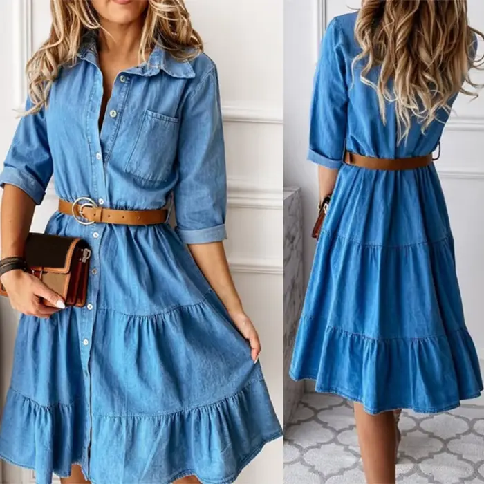 Robe en jean manches trois quarts avec ceinture col rabattu printemps automne boutons à volants robes