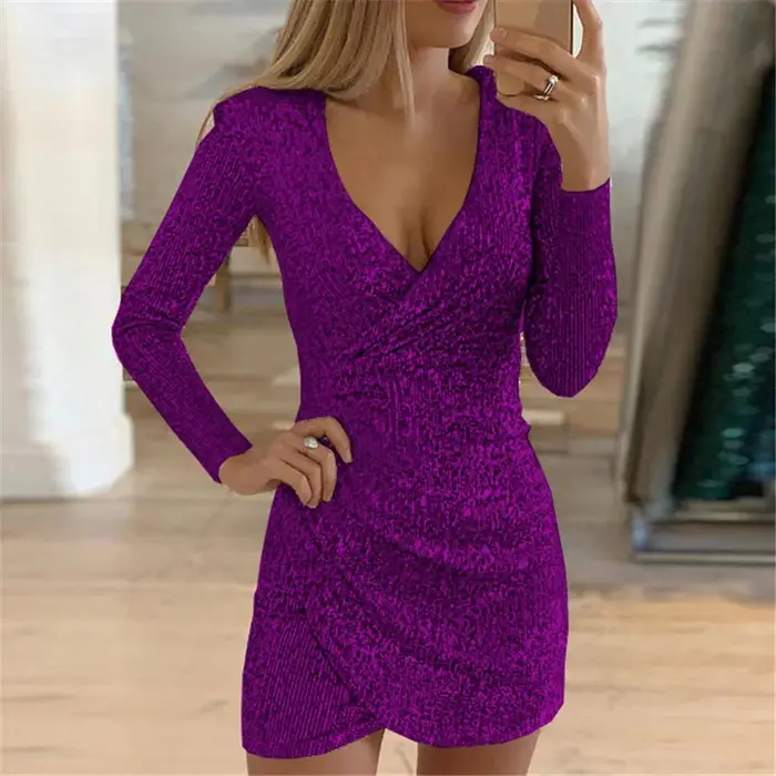 Robes pour femmes 2025 Sexy col en v profond argent paillettes Mini robe moulante printemps automne à manches longues robe de soirée femme