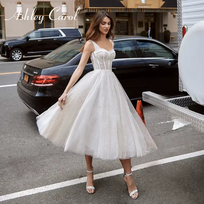 Ashley Carol-Robe de mariée mi-mollet en dentelle à pois brillants