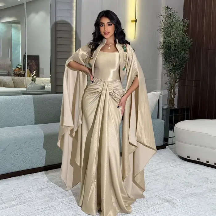Sharon Said Champagne sirène perles robe de soirée avec Cape drapée pour les femmes