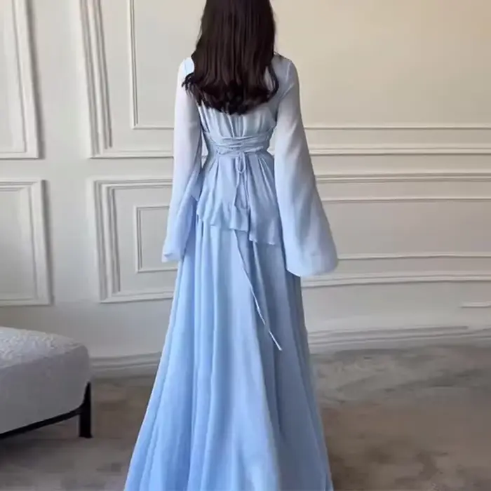 Robe élégante en polyester avec volants, col rond, à nouer, idéale pour soirée, mariage et occasions spéciales pour femme