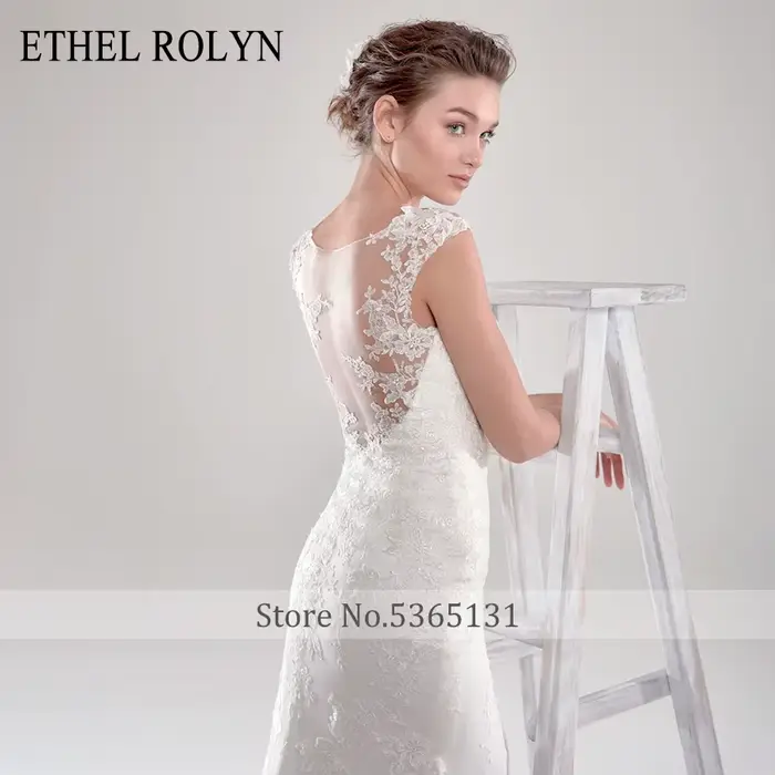 Robe de mariée sirène Ethel Rolynd avec dentelle et appliques, dos nu, col rond, disponible en plusieurs couleurs et tailles personnalisables pour femmes occasions spéciales
