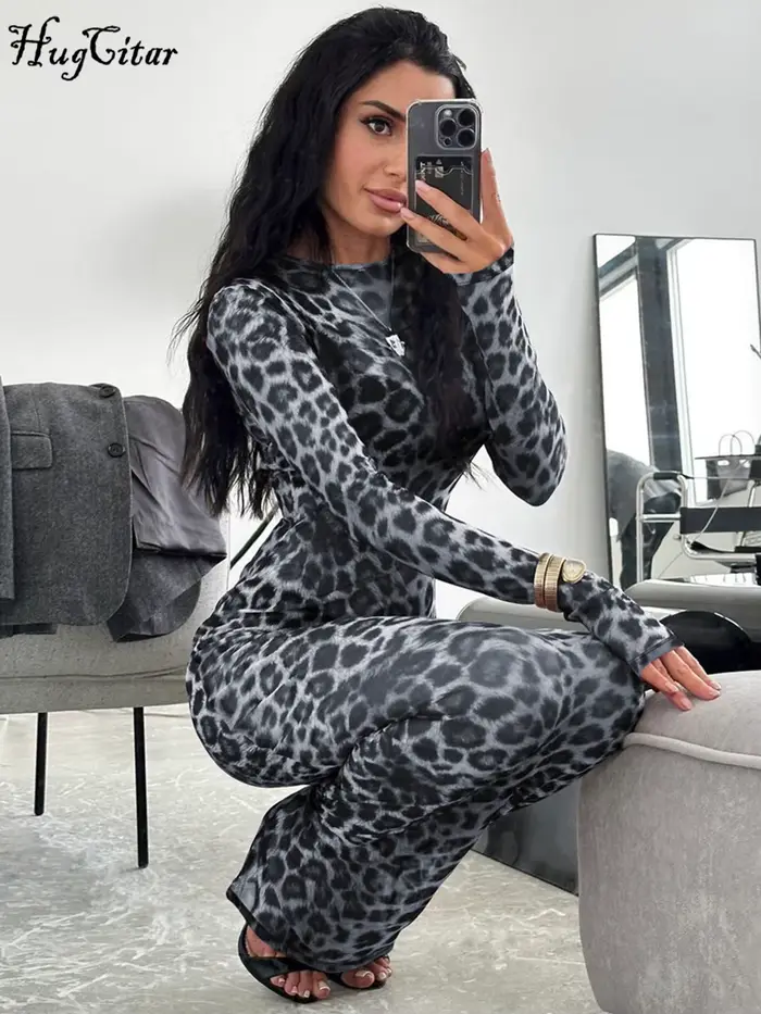 Hugcitar imprimé léopard maille à manches longues Sexy mince voir à travers Maxi robe automne femmes