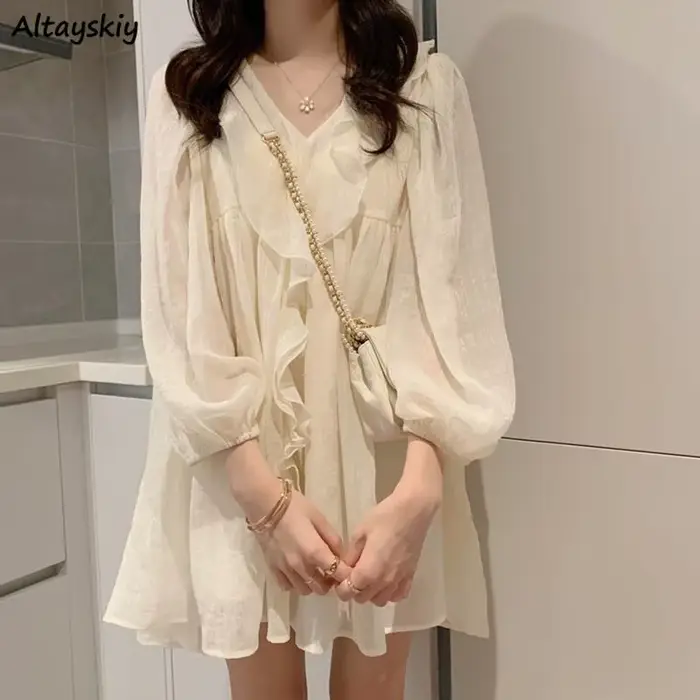 Robe de princesse élégante à manches longues pour femmes, col en V à volants, design de base, mini, 