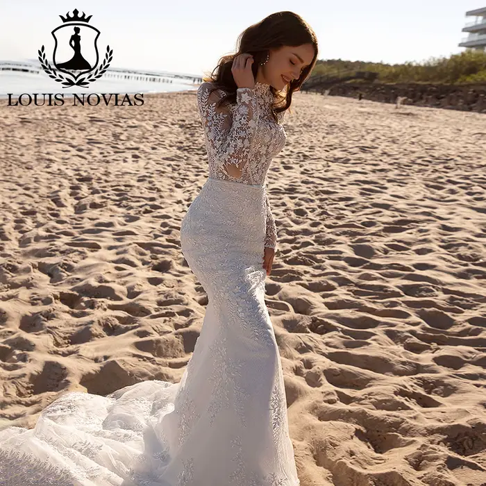 LOUIS NOVIAS robe De mariée sirène à manches longues licou Semi-Transparent paillettes broderie robe