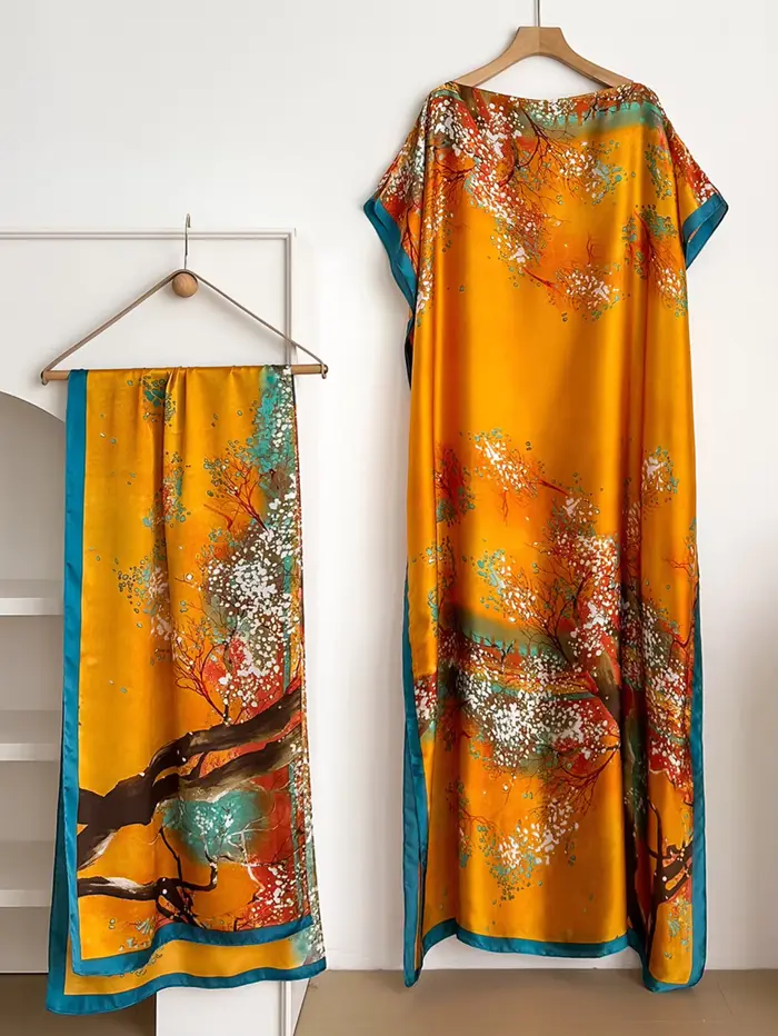 1 ensemble (robe + foulard) Kaftan luxueux pour femme - Imprimé floral jaune vibrant