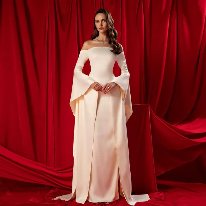 Robe Sharon Said SF050 dénudée élégante pour femmes soirée officielle mariage satiné polyester simple sirène avec manches évasées