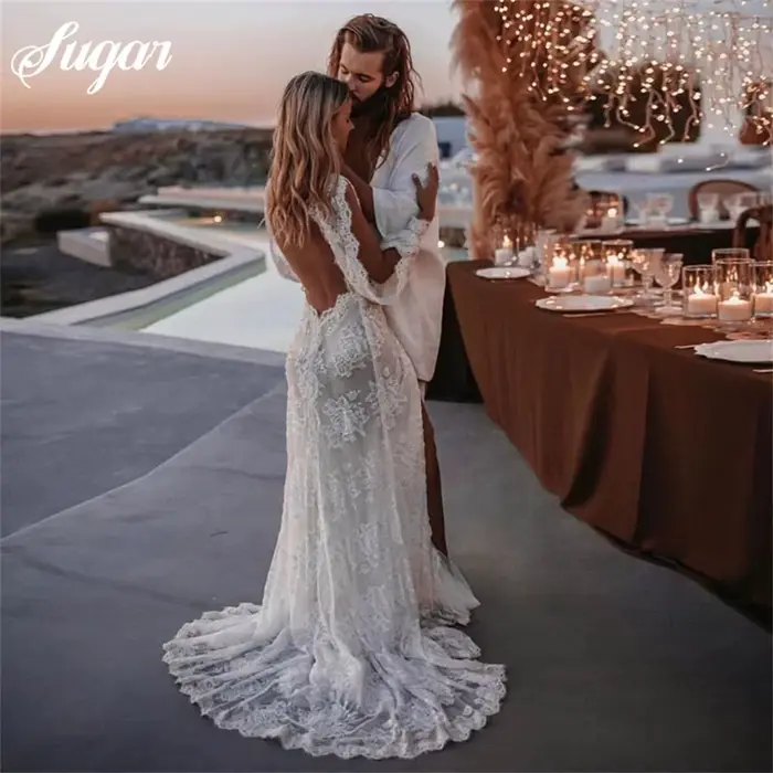Robes de mariée bohème dentelle col en v robe