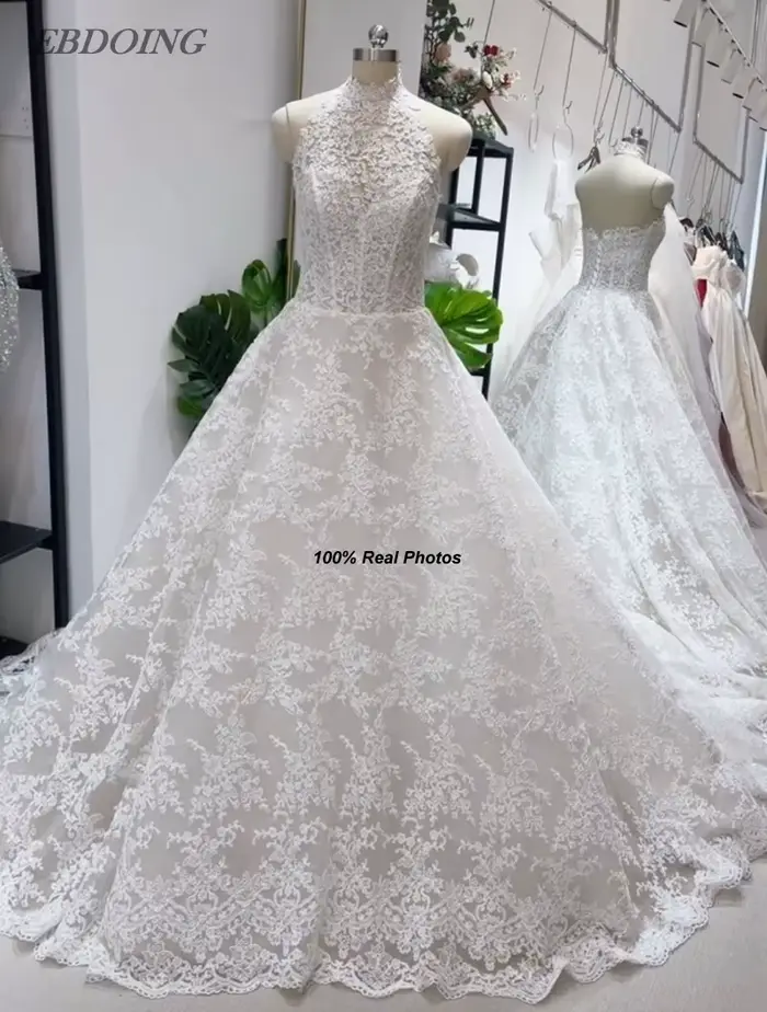 Robe de mariée EBDOING en dentelle, coupe trapèze, col licou, sans manches, avec lacets, pour femmes enceintes, occasions spéciales