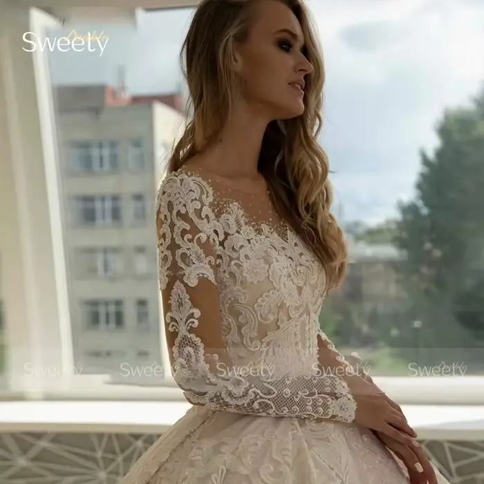 Robe de mariée à paillettes et dentelle brodée sur filet, robe de bal avec manches longues et col rond pour femmes, occasions spéciales et cérémonies