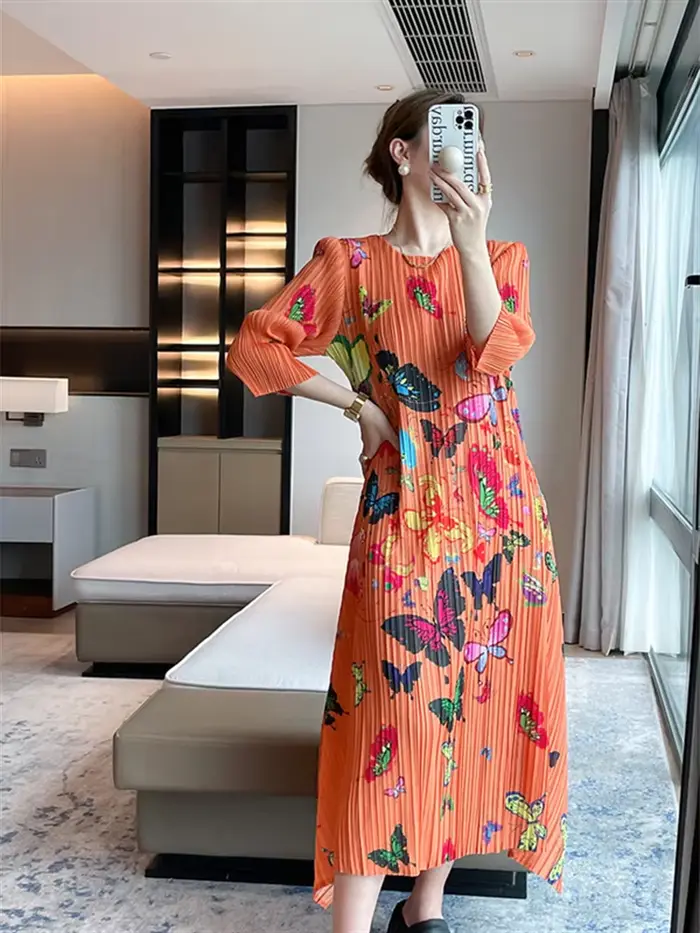 Miyake robe longue plissée robes de soirée imprimé femme été plissé Joker mode léger luxe élégant dames Style