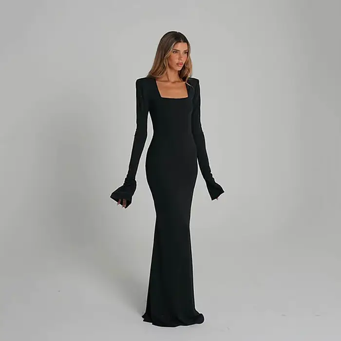 Robes de soirée noires modestes Msikoods 2026, col carré, manches longues, robe de soirée sirène ara