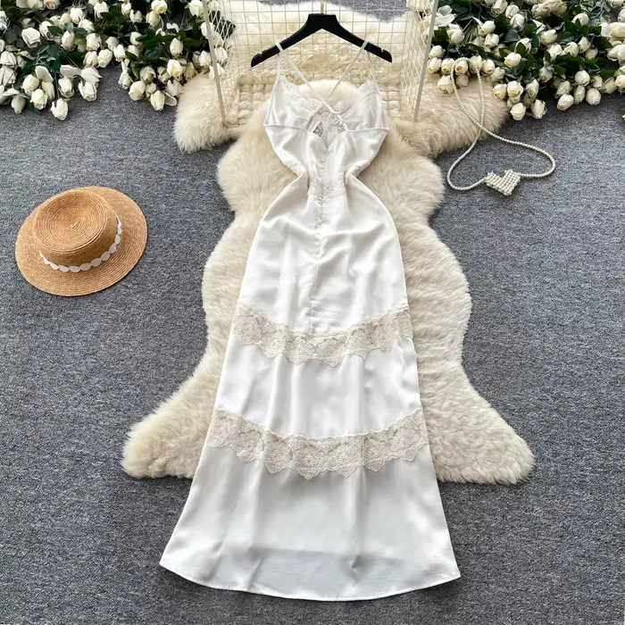 Robe longue trapèze élégante pour femme style vacances française dentelle blanche patchwork taille haute été occassions spéciales