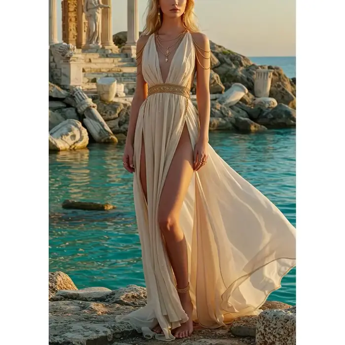 Robe de Soirée Grecque Froncée en Mousseline de Soie Taille Empire Sans Manches Longueur au Sol Occasions Spéciales Femme