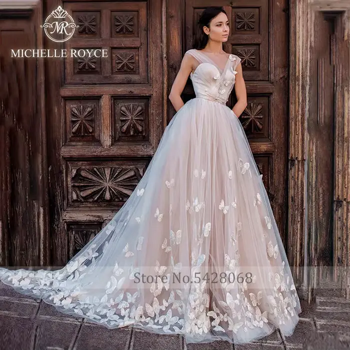 Michelle Royce a-ligne robes De mariée pour les femmes Sexy chérie Illusion ceintures bouton Court Train robe