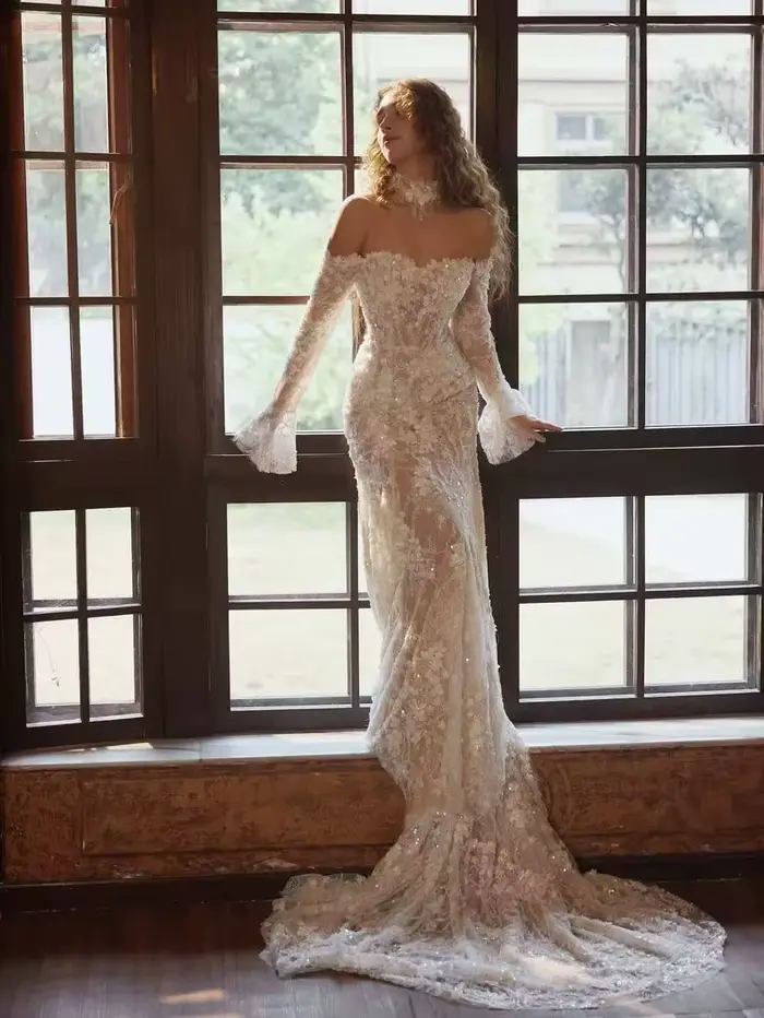 Robe de mariée sirène luxueuse sur mesure à manches longues pour femme, avec dentelle magnifique et 