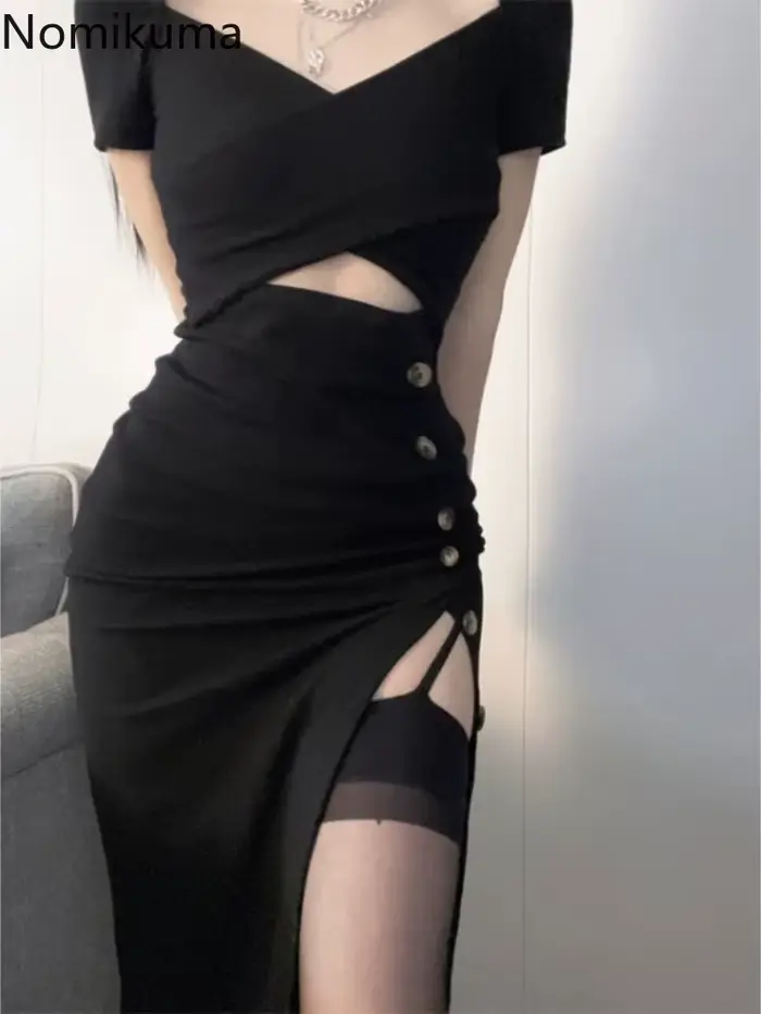 Robe noire sexy pour femmes, manches courtes, ajourée, mode coréenne, tunique fendue, robe d'été, style club, occasions spéciales
