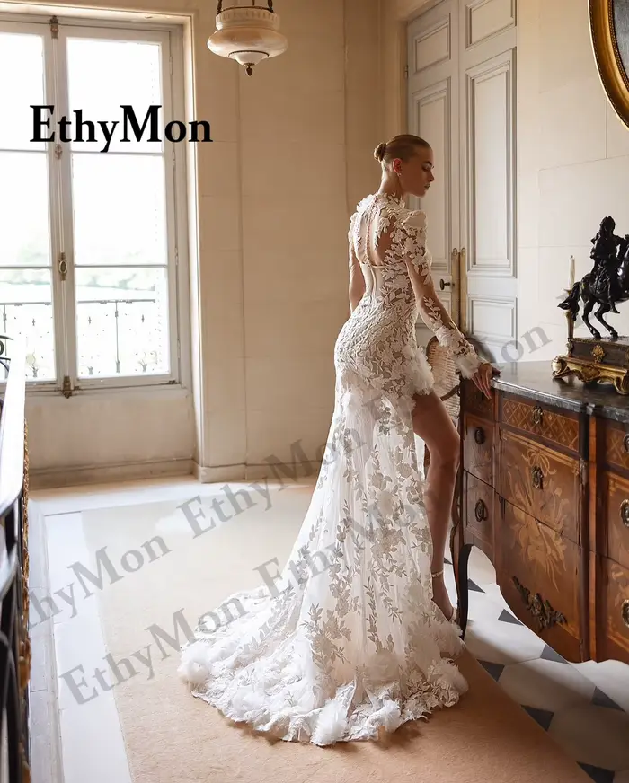 Ethymon Robe De mariée à col haut à la mode pour mariée fente dentelle Appliques manches longues sirène débardeur Robe De mariée personnalisée