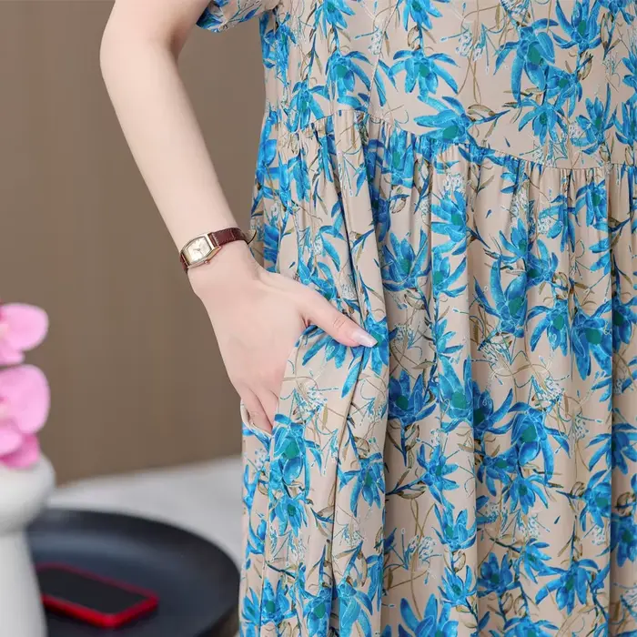 Robe vintage décontractée à manches courtes col rond impression florale ample pour femmes occasions spéciales été 2025
