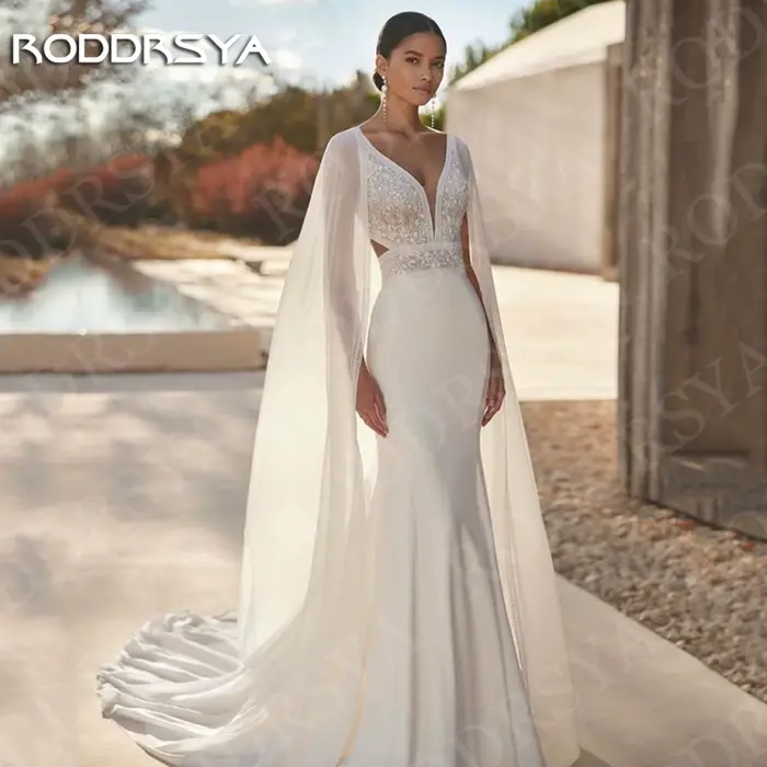 Robe de mariée sirène personnalisée en polyester satinée avec châle dentelle pour femmes, col en V, dos ouvert, train de balayage, style bohème, occassions spéciales