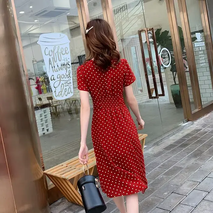 Robe mi-longue en mousseline de soie pour femme, tenue de soirée coréenne, courte, légère, tunique florale, mode vintage, rouge, à pois, décontractée, été, élégante à offrir pour les occasions spéciales
