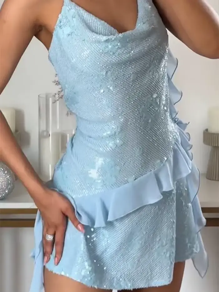 Robe courte à volants et paillettes pour femmes